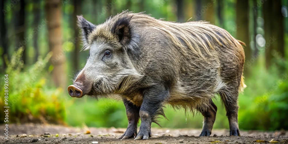 Grizzly-like creature with long, gray fur and sharp tusks roams the forest, its powerful build and imposing demeanor Grizzly-like creature with long, gray fur and sharp tusks roams the forest, its powerful build and imposing demeanor