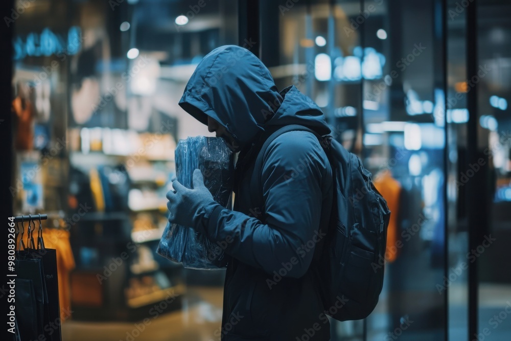 Hooded person carrying items in dimly lit store Hooded person carrying items in dimly lit store