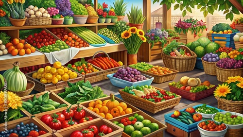 Vibrant illustration of a bustling farmers market scene, overflowing with colorful fresh fruits and vegetables, baskets, crates, and vibrant flowers on display for sale.