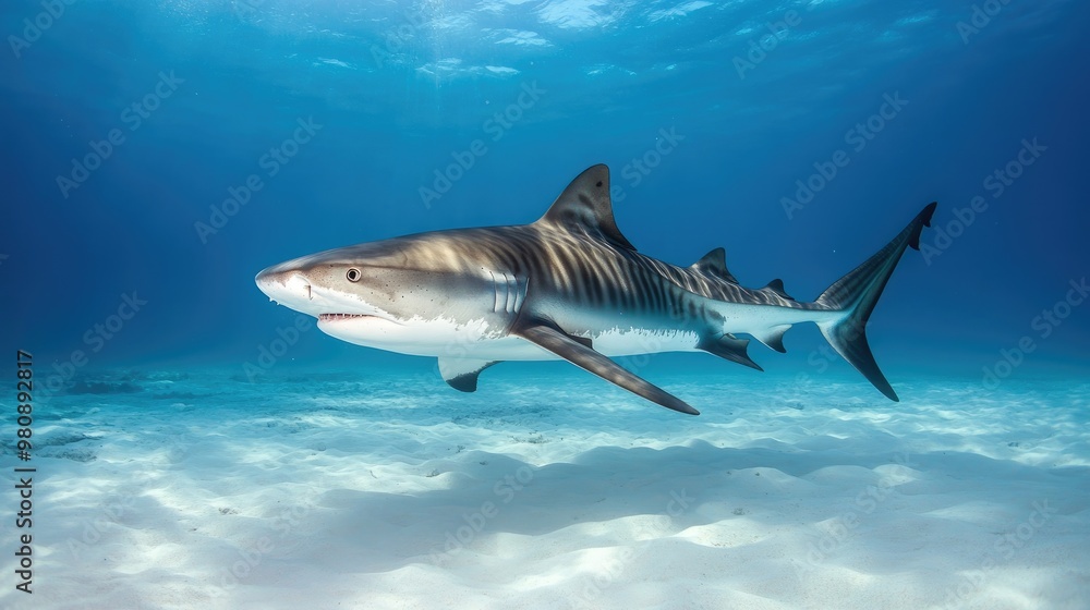 Fototapeta premium A tiger shark swims majestically near the ocean floor, its sleek body and bold stripes visible against the sandy bottom