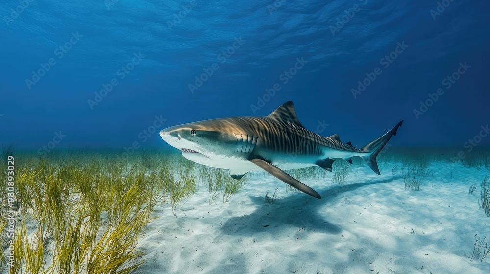 Fototapeta premium A tiger shark moves gracefully near the seabed, its striking stripes and strong presence dominating the underwater scene.