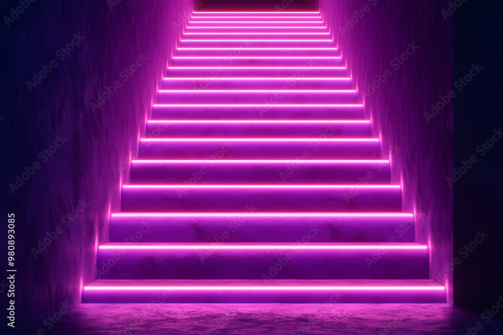 Obraz premium A vibrant staircase illuminated with pink neon lights, creating a dynamic and stylish aesthetic for modern imagery.