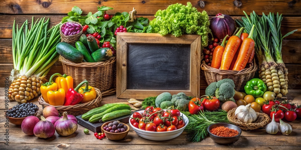 Colorful arrangement of fresh vegetarian and vegan food on a rustic farmers market counter with a blank chalkboard menu on a wooden table. Colorful arrangement of fresh vegetarian and vegan food on a rustic farmers market counter with a blank chalkboard menu on a wooden table.