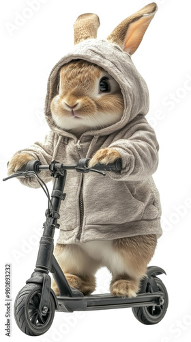 Cute bunny riding a scooter in a hoodie