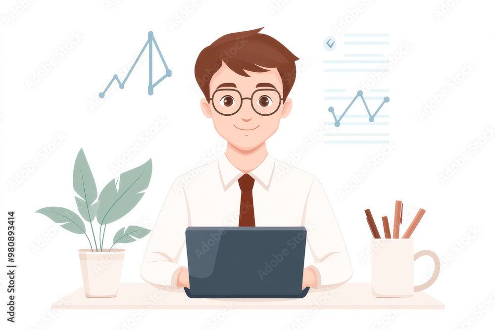 A young professional working on a laptop surrounded by plants and office supplies, showcasing a modern workspace. A young professional working on a laptop surrounded by plants and office supplies, showcasing a modern workspace.