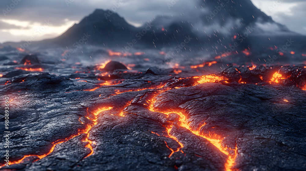 Dramatic volcanic landscape with flowing magma, cracks in the ground, and black and red inferno effects over a seamless rock background. Dramatic volcanic landscape with flowing magma, cracks in the ground, and black and red inferno effects over a seamless rock background.