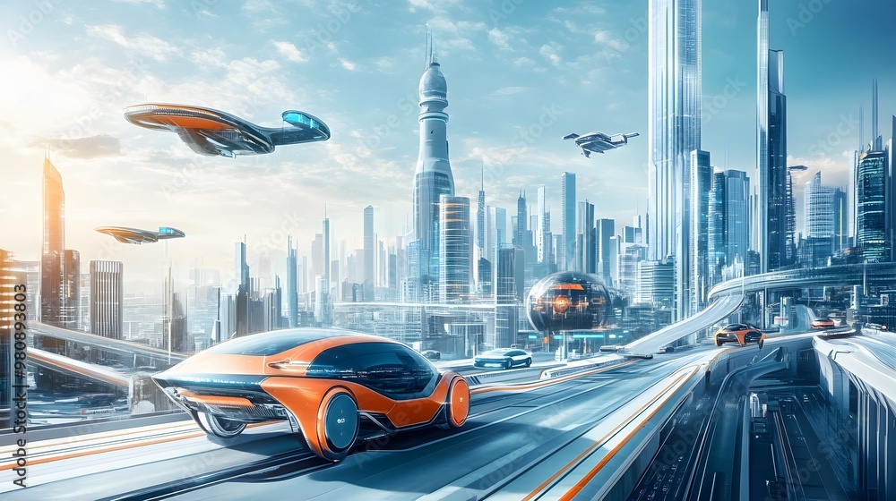 Obraz premium Detailed illustration of a futuristic city skyline with flying cars and automated roads, hyper-real, sharp, high-quality transportation system