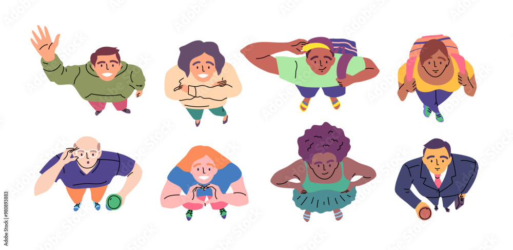 Naklejka premium Cartoon Color Overhead Characters People Looking Up Concept Flat Design Style Top Down View. Vector illustration