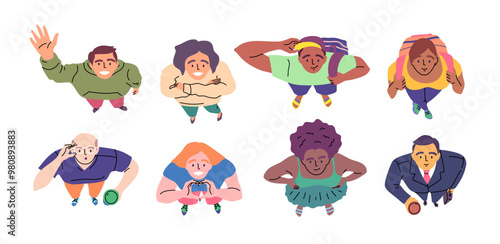 Cartoon Color Overhead Characters People Looking Up Concept Flat Design Style Top Down View. Vector illustration