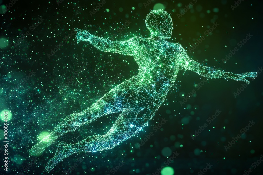 Abstract digital blue football player body with polygonal wireframe silhouette and low poly dot anatomy. Technology futuristic soccer man model. Abstract digital blue football player body with polygonal wireframe silhouette and low poly dot anatomy. Technology futuristic soccer man model.