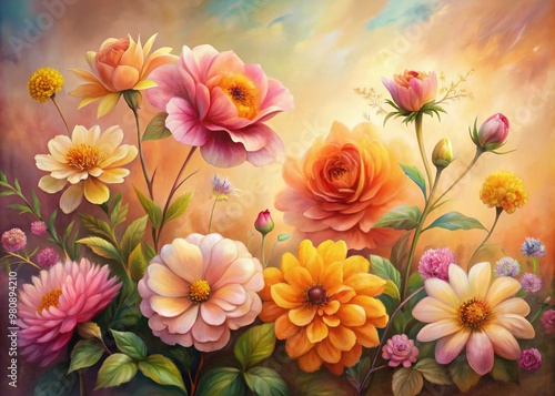 Vibrant oil-painted flowers in shades of pink, yellow, and orange bloom against a soft, gradient background in a stunning floral artwork display.