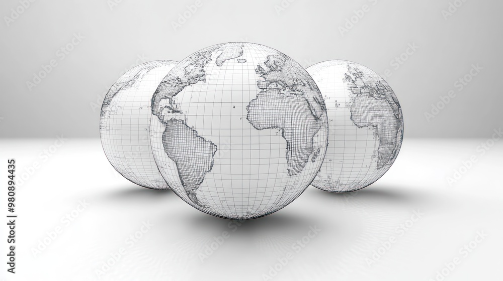 Three globes depicting the world in a minimalist design. Three globes depicting the world in a minimalist design.