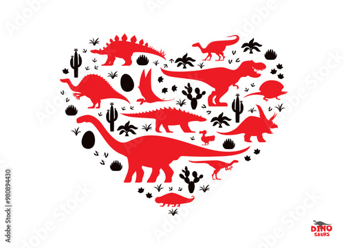 Heart shape, i love dinosaurs banner. Vector dino black and red silhouettes arranged in a heart shape, symbolizing passion for ancient creatures. T-rex, brachiosaurus and triceratops species