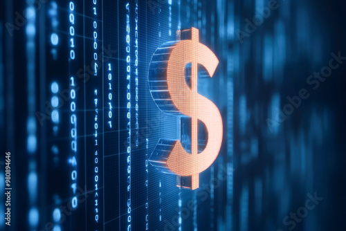 Digital dollar symbol glowing against a backdrop of blue binary code, representing finance and modern technology.