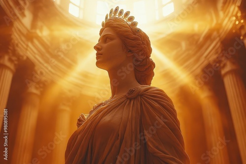 majestic marble statue of hera regal pose flowing drapery crown of peacock feathers warm golden light classical greek temple setting