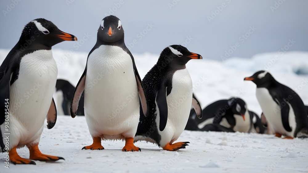 Fototapeta premium Gentoo Penguins Congregating on Icy Terrain in Antarctica During the Midday Sun
