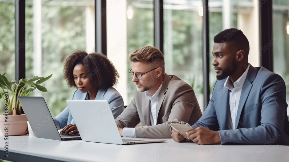 A photo of three business people sitting at an office table, looking serious and focused on their work with laptops in front of them. A photo of three business people sitting at an office table, looking serious and focused on their work with laptops in front of them.