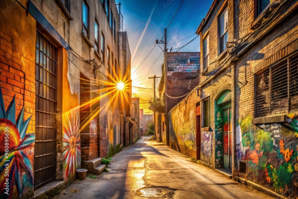 Fototapeta premium W spalonej słońcem alejce wyblakła Nolana rozkwita pośród żywej mozaiki graffiti, jej delikatne płatki