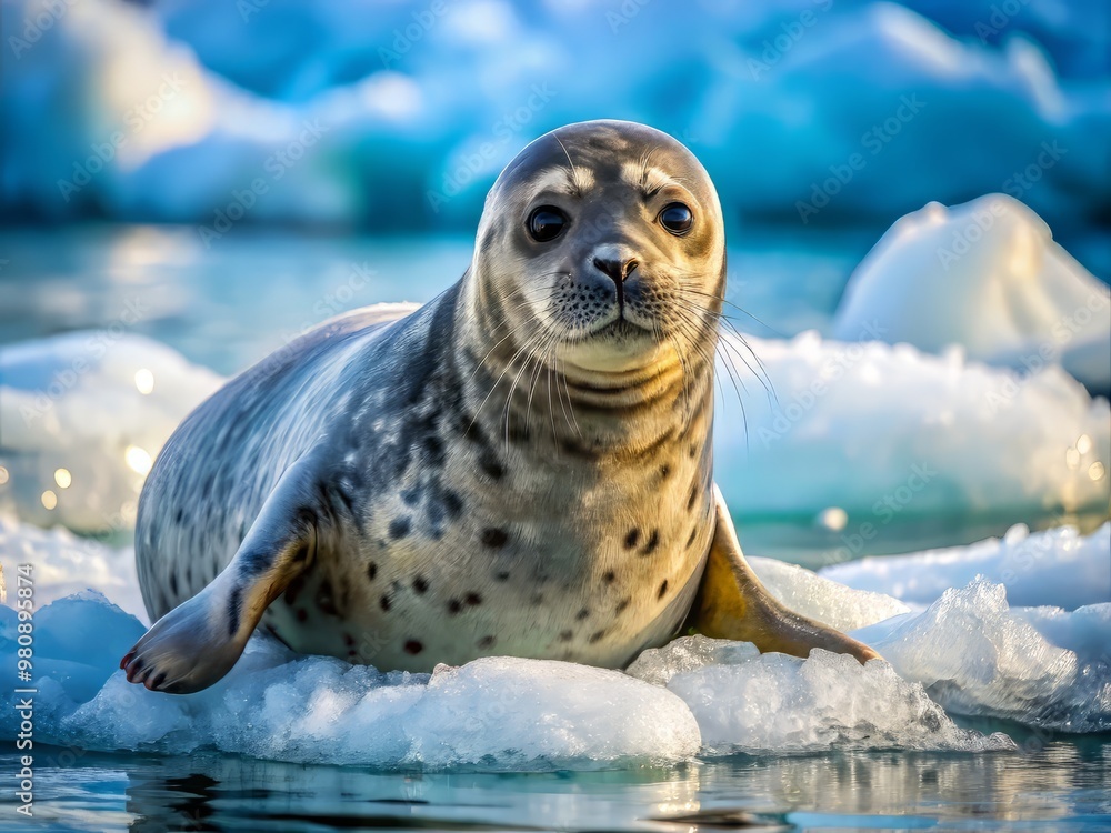 Obraz premium In icy Arctic waters, a ringed seal with thick blubbery fur hauls out on rocky coastline, its piercing