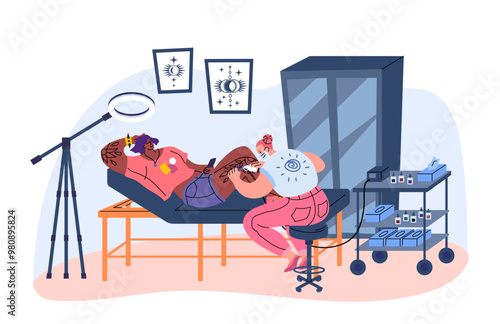 Cartoon Color Characters People and Salon Tattoo Concept Flat Design Style. Vector illustration of Master Tattooing Client in Salon