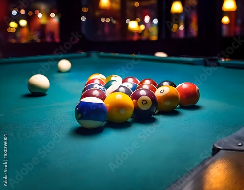 Billiard Balls: Create a scene with billiard balls falling into pockets on a pool table.