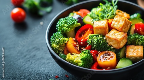 Colorful tofu and vegetable stir fry in bowl