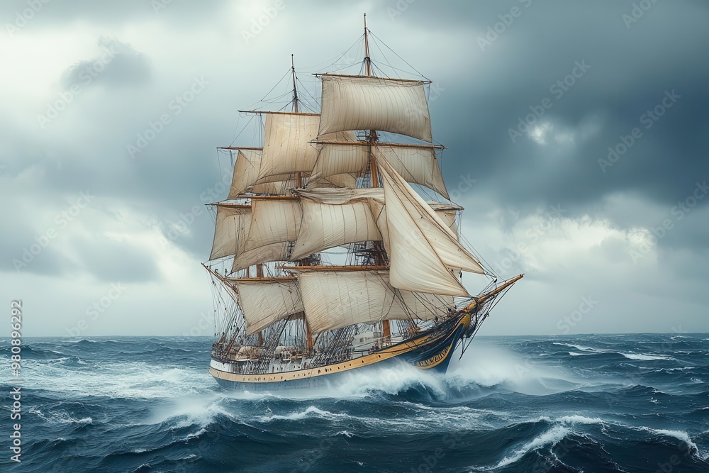 majestic sailing ship navigating stormy seas under dramatic cloudy sky billowing sails and crashing waves capture spirit of maritime adventure and human resilience against natures raw power