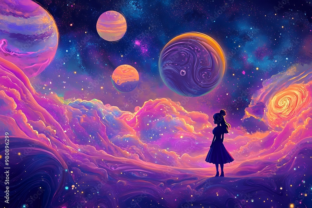 A solitary figure stands amidst vibrant planets and swirling clouds in a cosmic landscape. A solitary figure stands amidst vibrant planets and swirling clouds in a cosmic landscape.