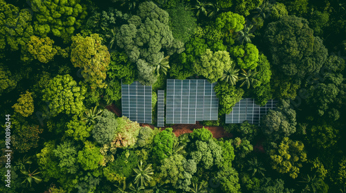 Aerial view of solar panels in forest, showcasing innovative design and sustainable green energy production.