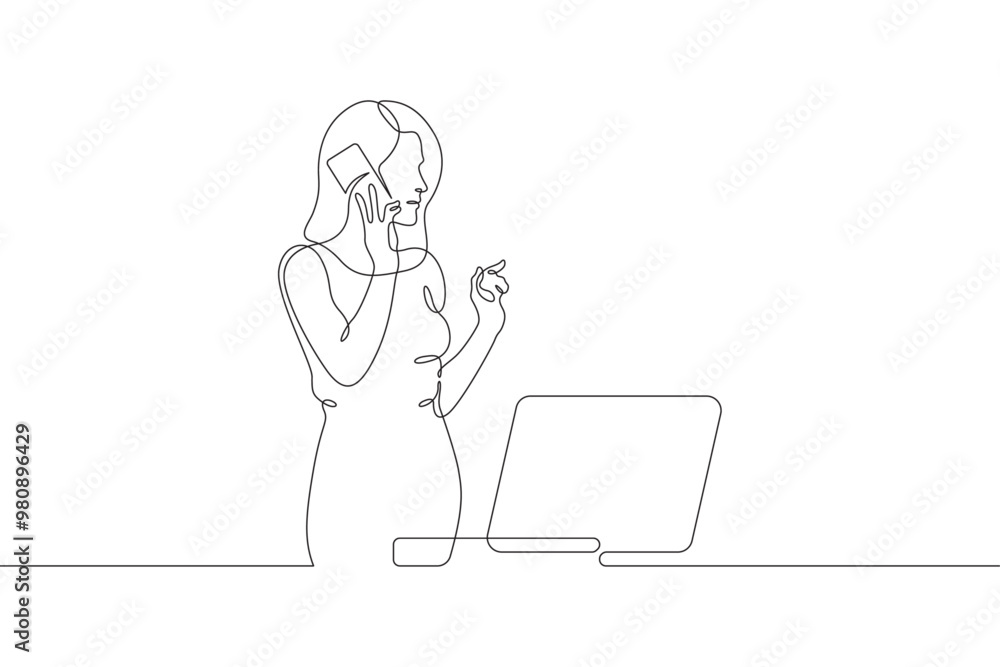 Continuous one line drawing businesswoman talking on the phone. Woman working with laptop. Working on computer. Negotiations. One continuous line isolated minimal illustration. Continuous one line drawing businesswoman talking on the phone. Woman working with laptop. Working on computer. Negotiations. One continuous line isolated minimal illustration.