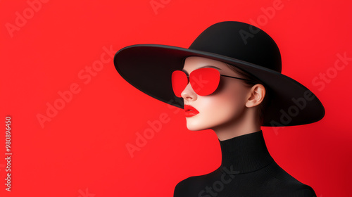 Stylish woman with red sunglasses and a black hat against a vibrant red background, exuding confidence and elegance. photo