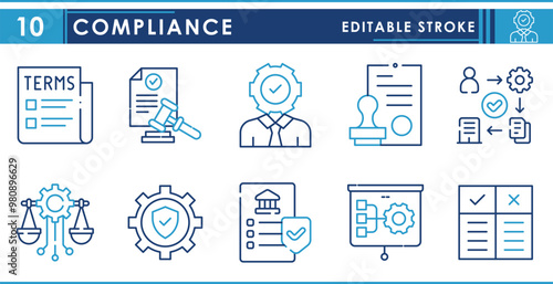A set of line icons related to Compliance. Rule, regulations, stamp, law, policy, process, and so on. Vector editable stroke.