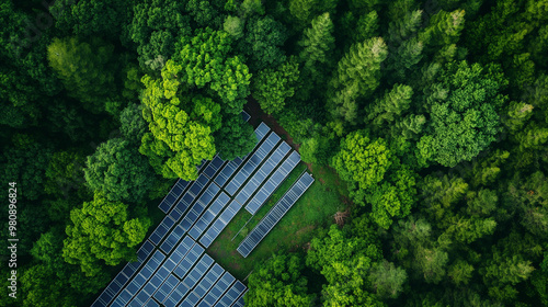 Aerial view of solar panels in forest, showcasing innovative design and sustainable green energy production.