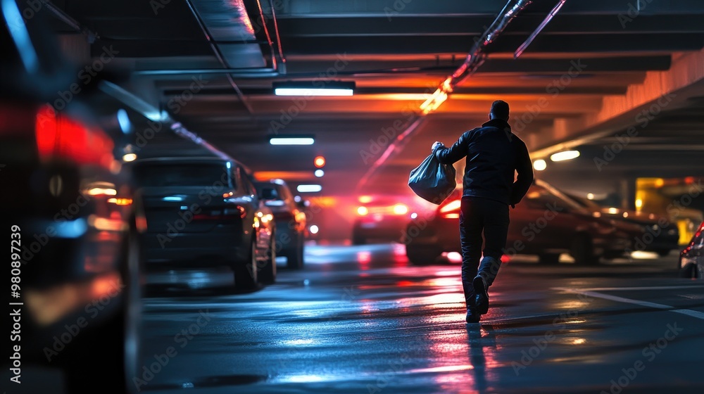 Fototapeta premium Action-packed scene of a robber escaping from a parking garage, holding a bag of stolen goods, with a sense of urgency and suspense
