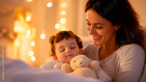 A mother gently tucking her young toddler into bed as part of their bedtime routine. The mother, smiling warmly, adjusts the blanket while the child, relaxed and sleepy, clutches a