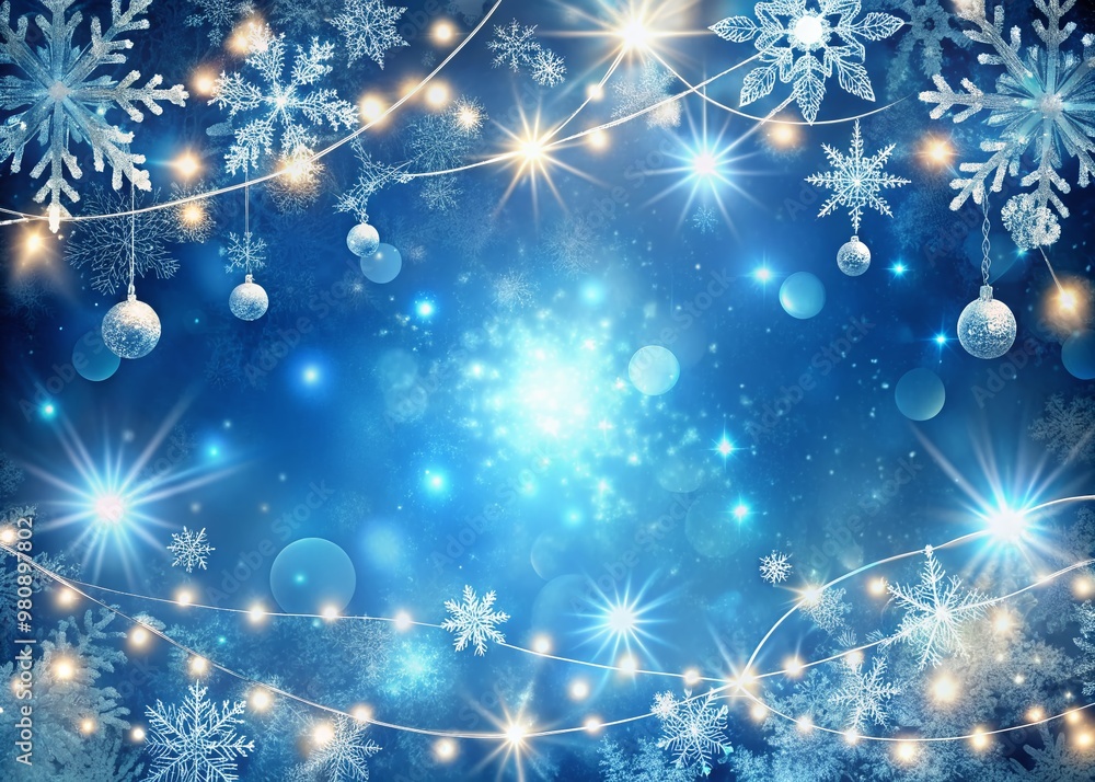 Sparkling blue abstract Christmas background with shimmering snowflakes, glittering ornaments, and festive fairy lights, creating a magical holiday atmosphere. Sparkling blue abstract Christmas background with shimmering snowflakes, glittering ornaments, and festive fairy lights, creating a magical holiday atmosphere.