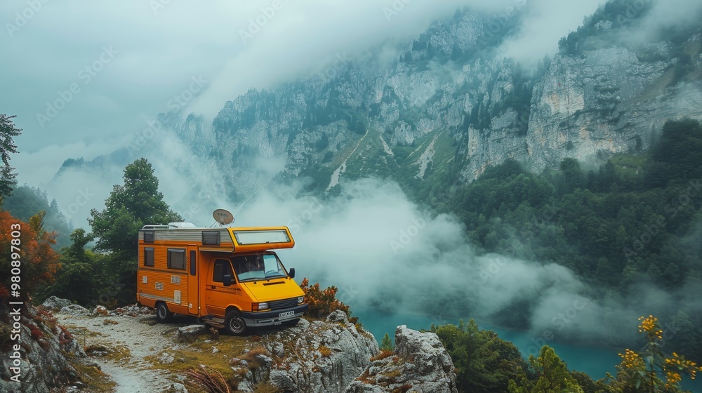 Caravan rv above clouds. Motor home camping car in mountain nature. Adventure with camper vehicle. Caravan rv above clouds. Motor home camping car in mountain nature. Adventure with camper vehicle.