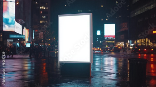 Blank White Billboard Stand Mockup on Rainy City Sidewalk