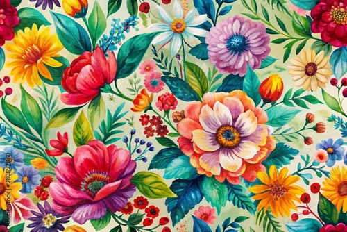 Vibrant hand-drawn flowers and leaves in abstract floral pattern, reminiscent of vintage acrylic painting, perfect for spring-inspired print design, bursting with colorful elegance.