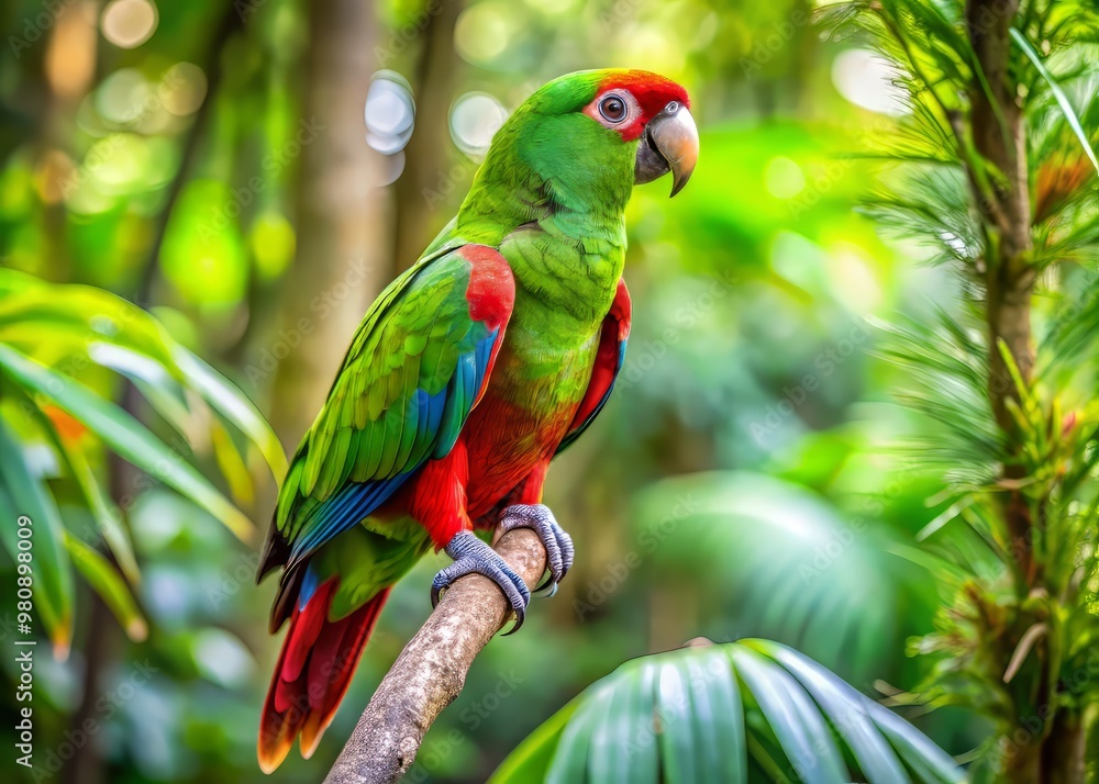 Naklejka premium In the lush tropical foliage, a radiant Green-winged parrot perched on a sturdy branch, its vibrant plumage a