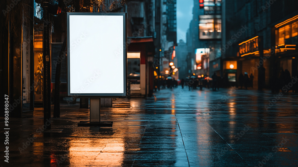 Blank White Billboard Stand Mockup on Rainy City Sidewalk Blank White Billboard Stand Mockup on Rainy City Sidewalk