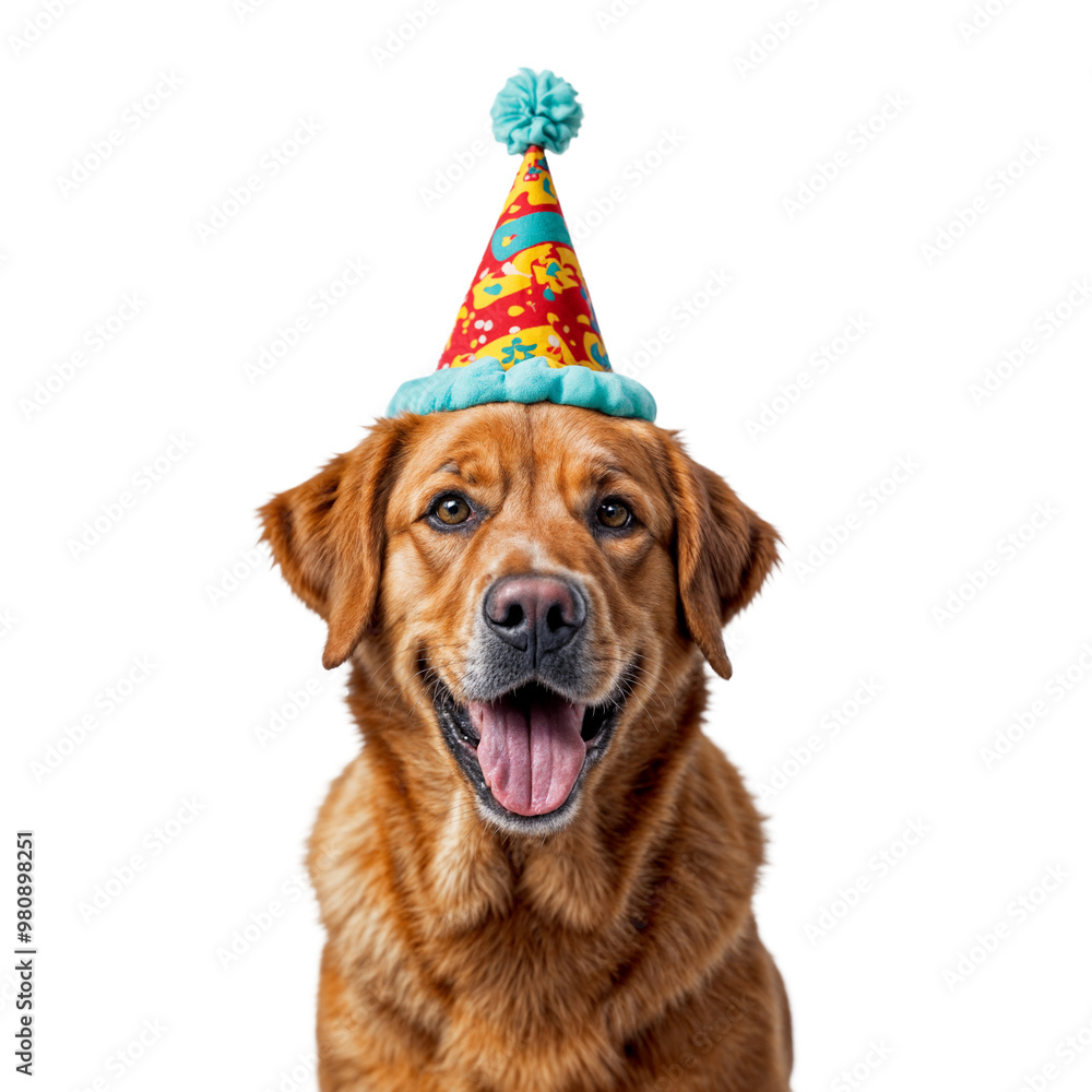 Happy golden retriever in colorful birthday party hat Happy golden retriever in colorful birthday party hat