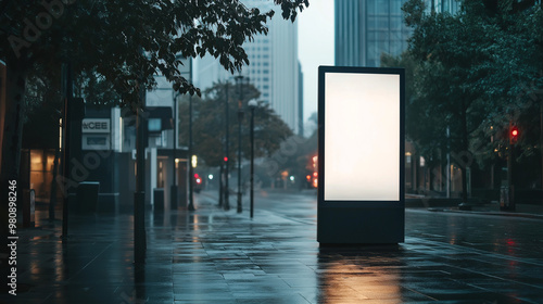 Blank White Billboard Stand Mockup on Rainy City Sidewalk