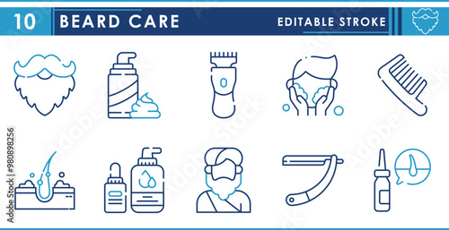 A set of line icons related to Beard Care. Beard, care, moisturizer, cream, trim, dandruff control, and so on. Vector editable stroke.