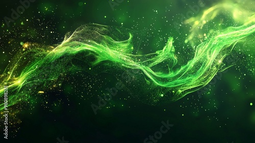 A vibrant green digital background with flowing abstract shapes, dynamic and energetic