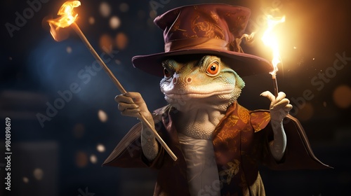 A whimsical frog dressed as a wizard holds magic wands, casting spells in a fantastical setting with glowing sparks. photo