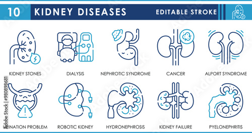 A set of line icons related to Kidney Diseases. Kidney, dialysis, nephrotic, cancer, kidney stone, failure, and so on. Vector editable stroke.