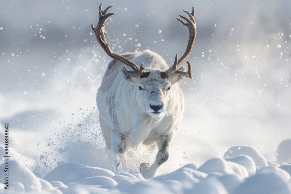 Majestic Reindeer Running Through Snowy Winter Landscape in Daylight Majestic Reindeer Running Through Snowy Winter Landscape in Daylight