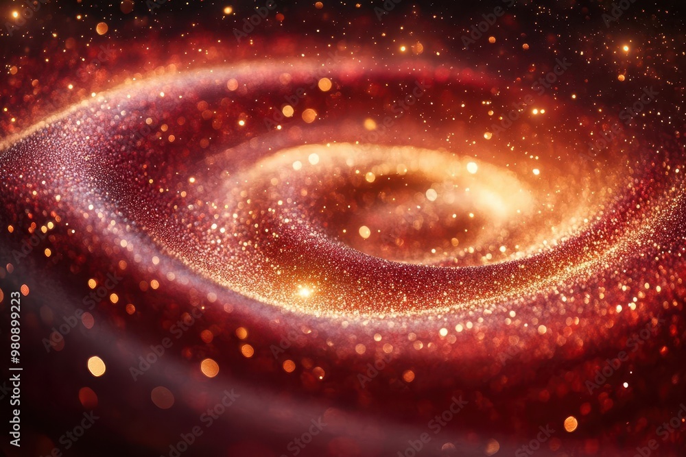mesmerizing crimson fluid swirling with golden glitter particles deep ...