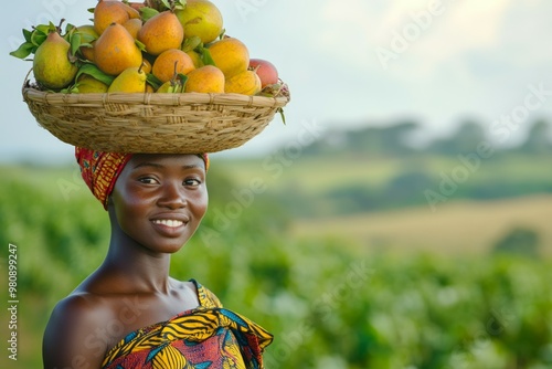 Fototapeta Naklejka Na Ścianę i Meble -  Smiling beautiful African woman dressed in traditional clothes and carrying a basket of various fruits on her head outdoors